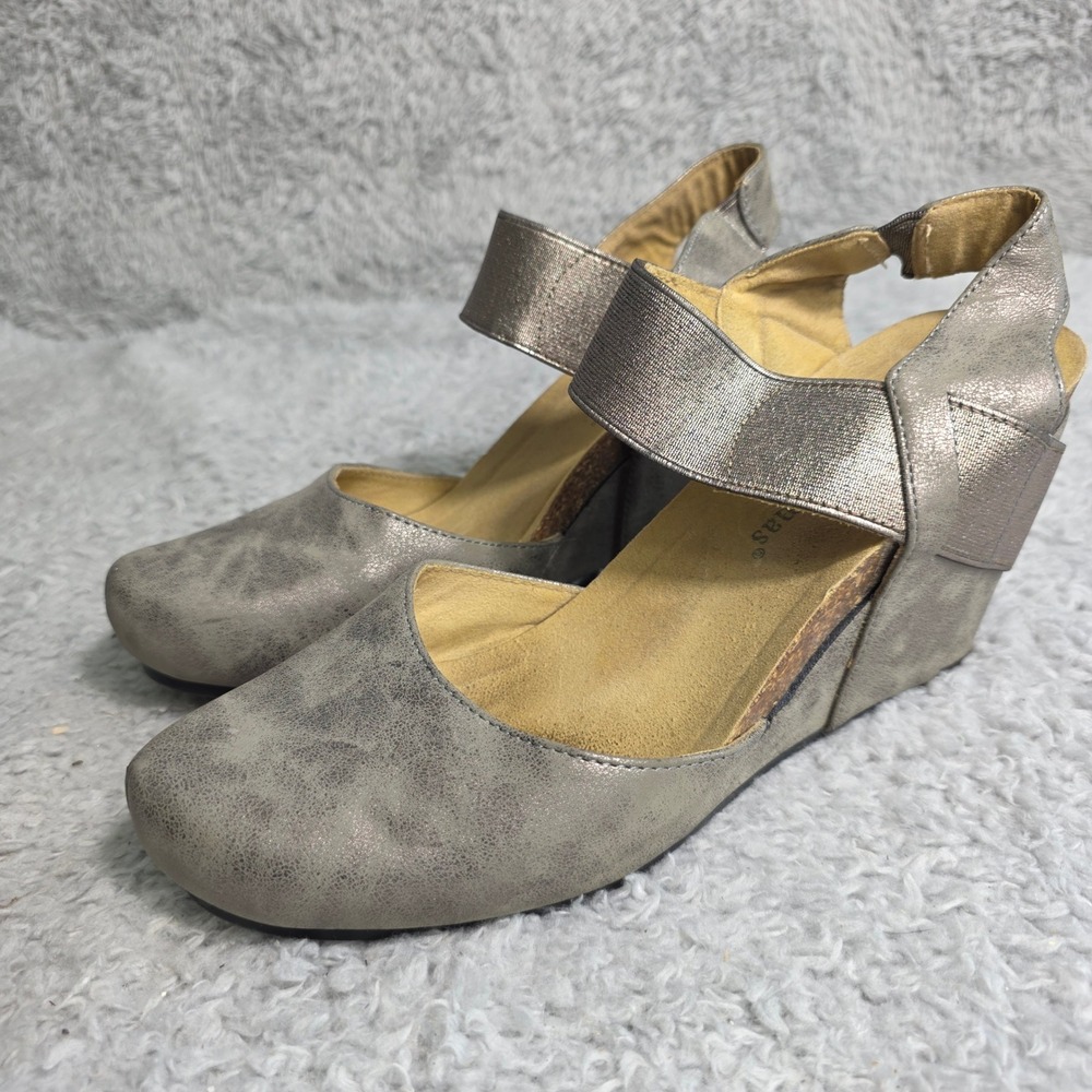 Pierre Dumas Wedge Sandals Shoes Pewter‎ Gray Metallic  Women Size 8 Excellent